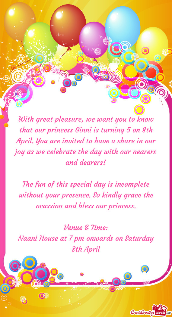 With great pleasure, we want you to know that our princess Ginni is turning 5 on 8th April. You are