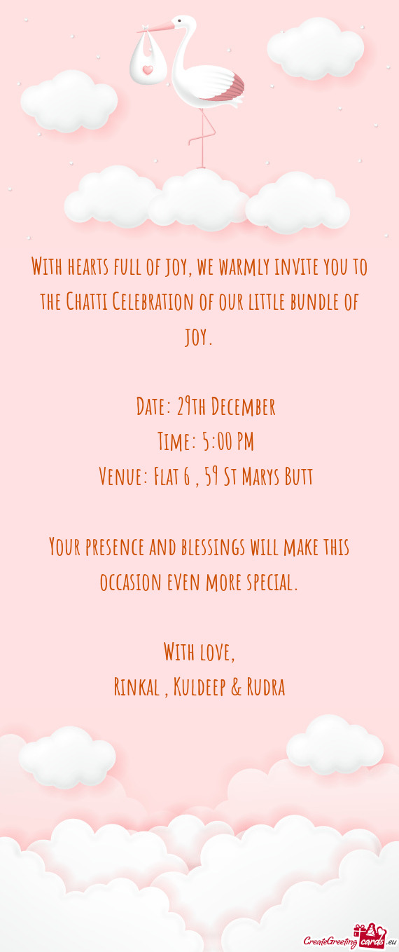 With hearts full of joy, we warmly invite you to the Chatti Celebration of our little bundle of joy