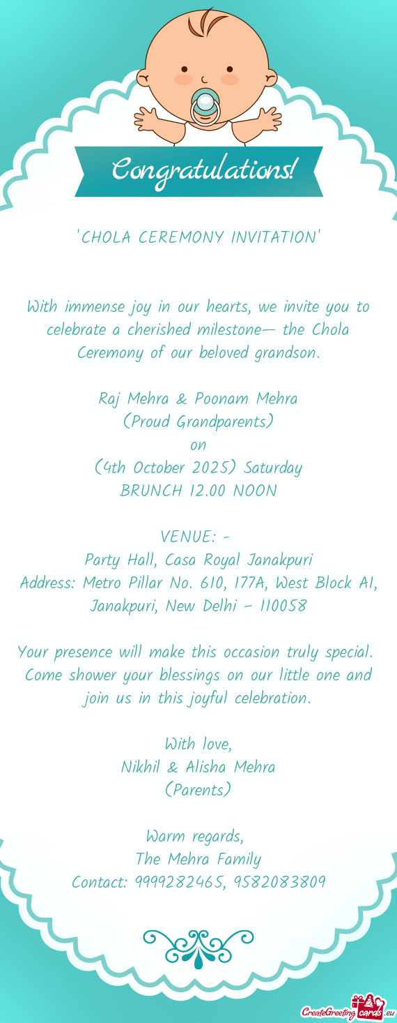 With immense joy in our hearts, we invite you to celebrate a cherished milestone— the Chola Ceremo
