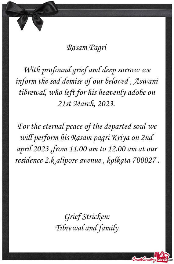 With profound grief and deep sorrow we inform the sad demise of our beloved , Aswani tibrewal, who l