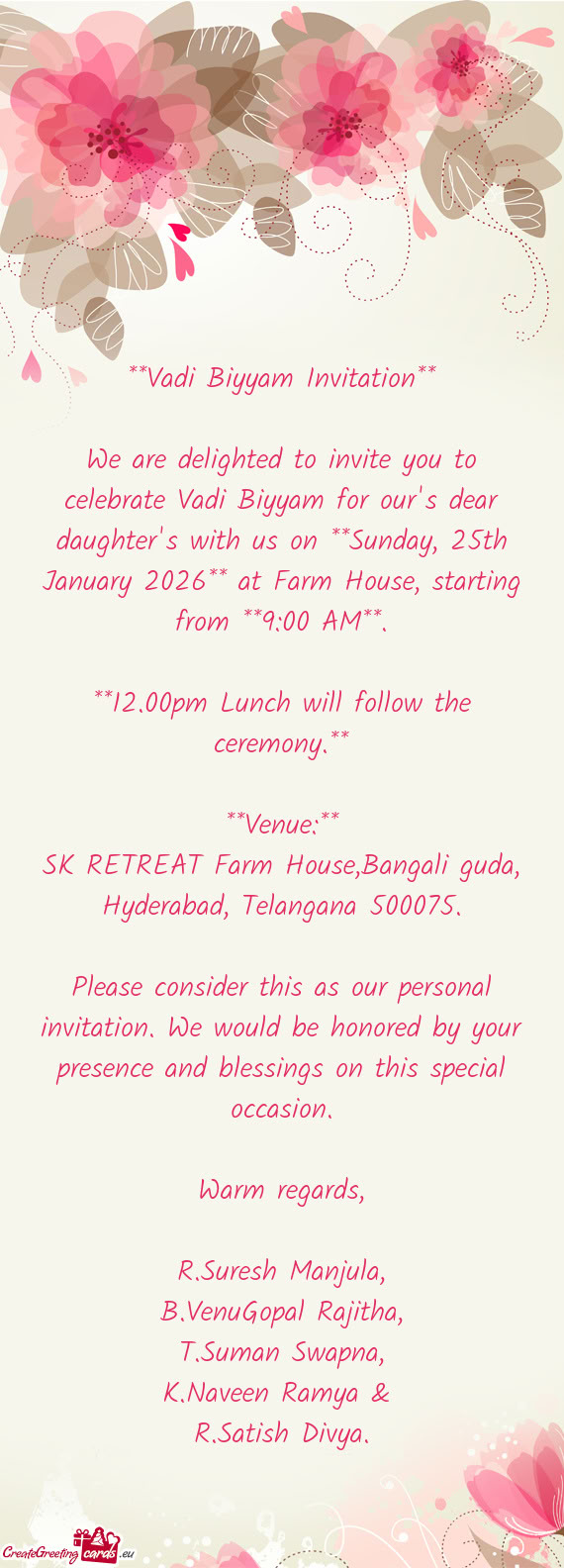 Y, 25th January 2026** at Farm House, starting from **9:00 AM