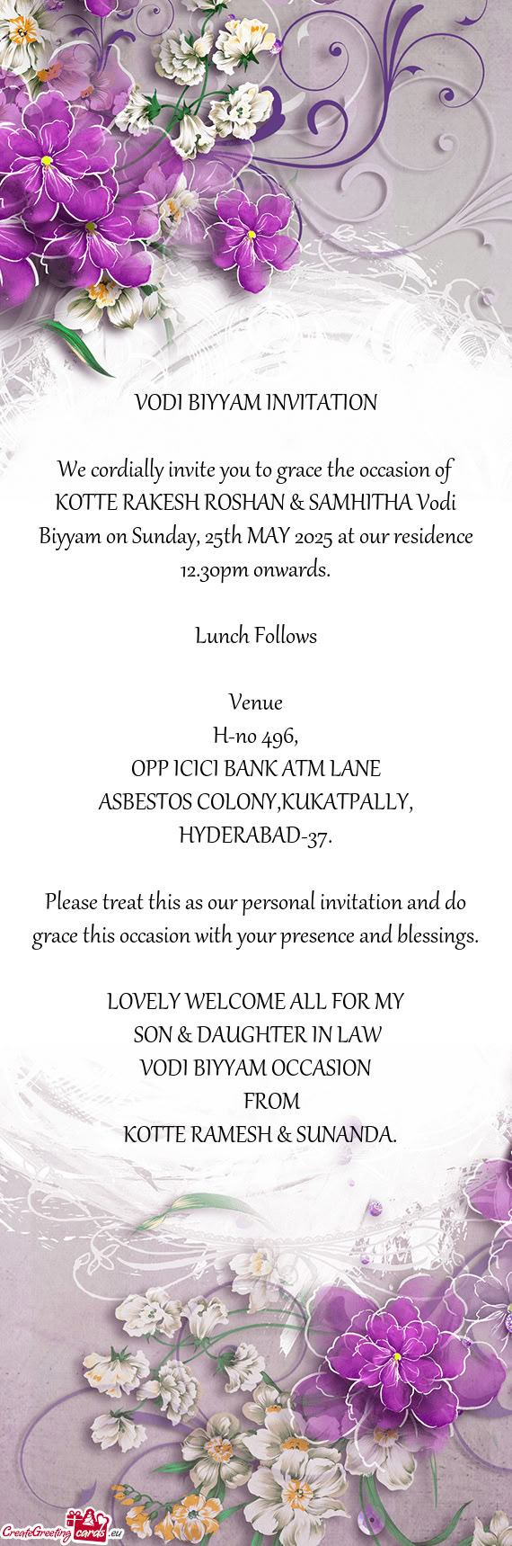 Y, 25th MAY 2025 at our residence 12.30pm onwards
