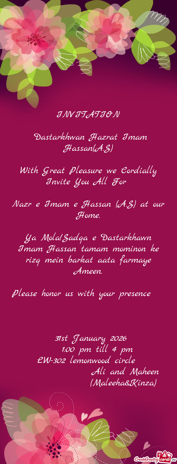 Ya Mola!Sadqa e Dastarkhawn Imam Hassan tamam mominon ke rizq mein barkat aata farmaye Ameen