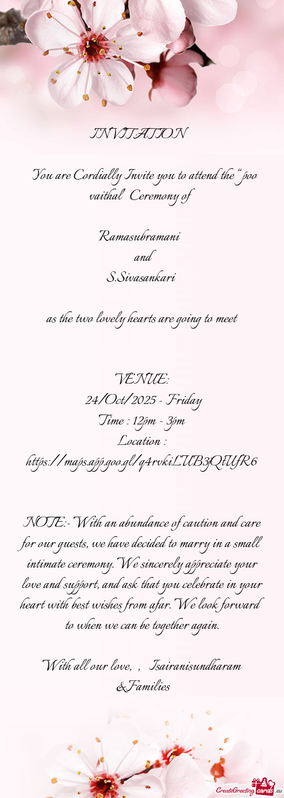 You are Cordially Invite you to attend the “poo vaithal” Ceremony of