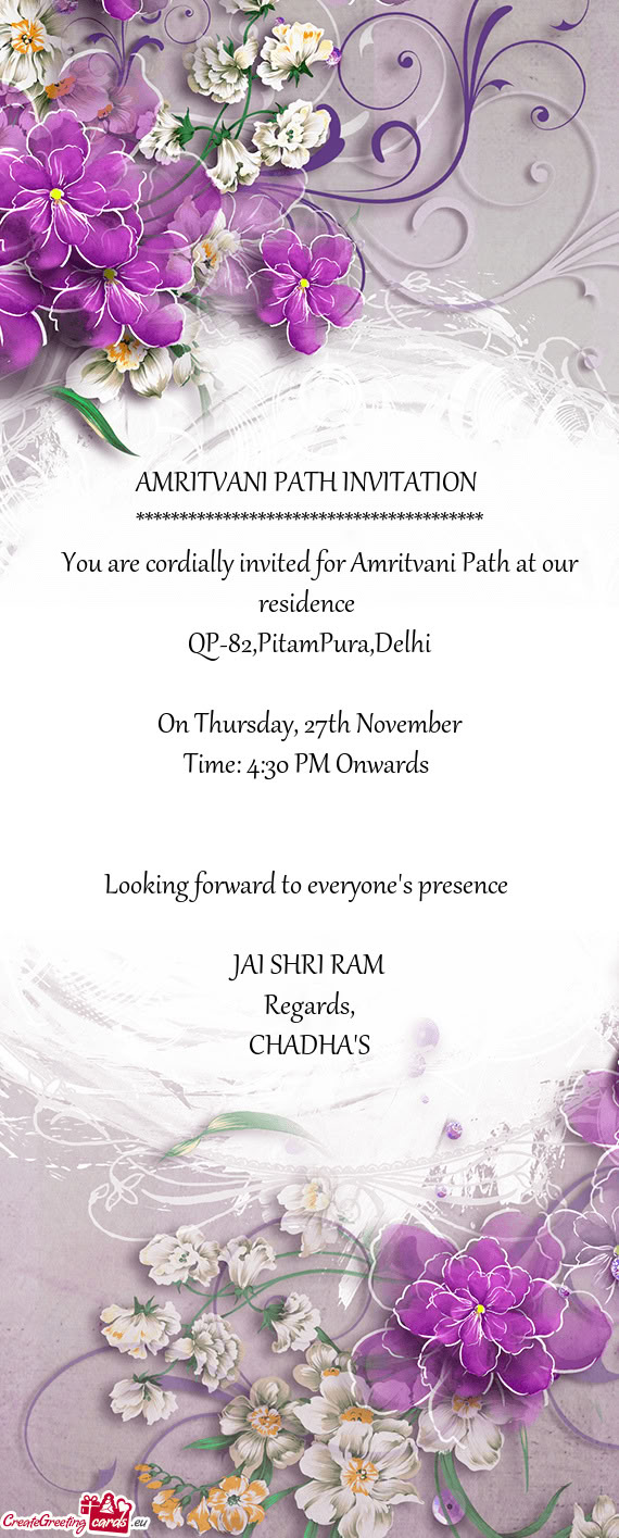 You are cordially invited for Amritvani Path at our residence