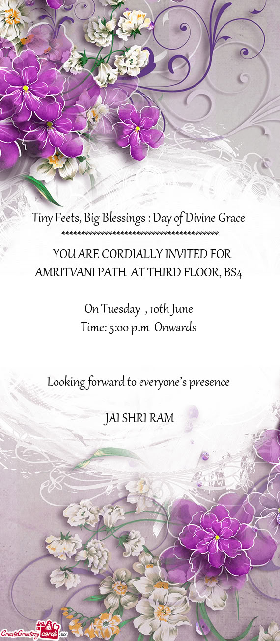 YOU ARE CORDIALLY INVITED FOR AMRITVANI PATH AT THIRD FLOOR, BS4