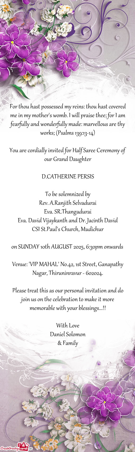 You are cordially invited for Half Saree Ceremony of our Grand Daughter