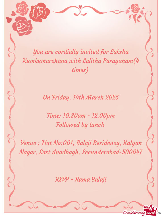 You are cordially invited for Laksha Kumkumarchana with Lalitha Parayanam(4 times)