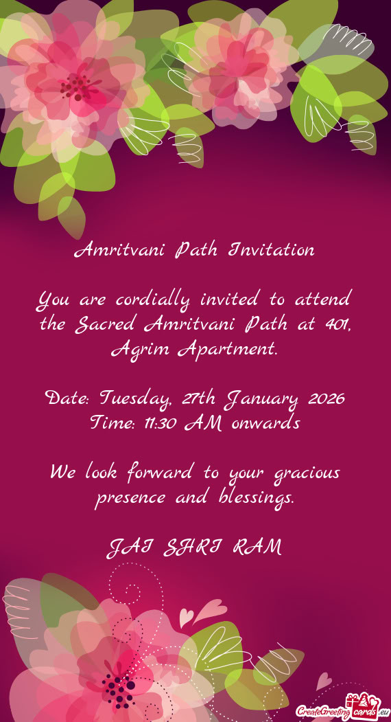 You are cordially invited to attend the Sacred Amritvani Path at 401, Agrim Apartment