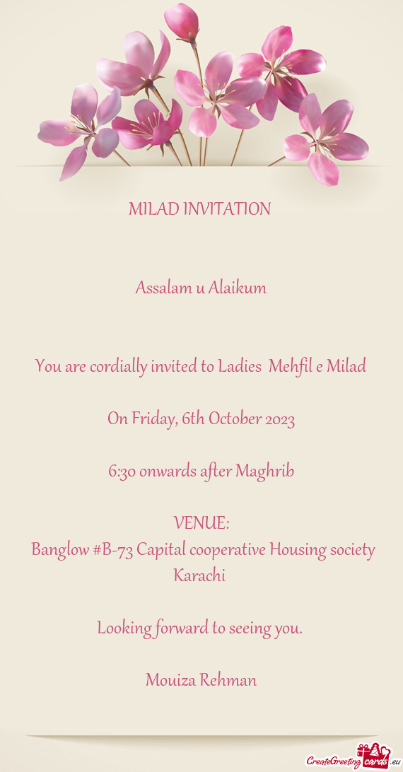 You are cordially invited to Ladies Mehfil e Milad