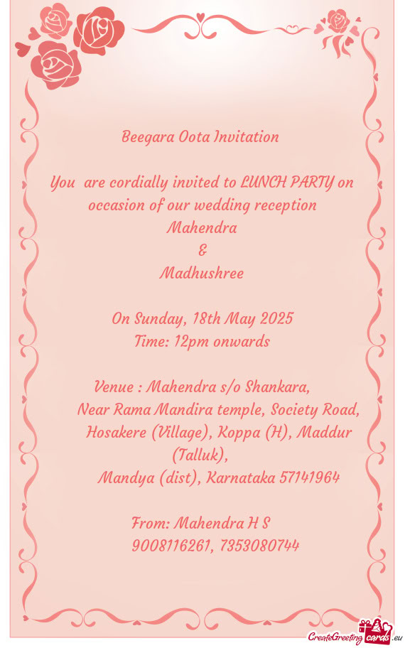 You are cordially invited to LUNCH PARTY on occasion of our wedding reception