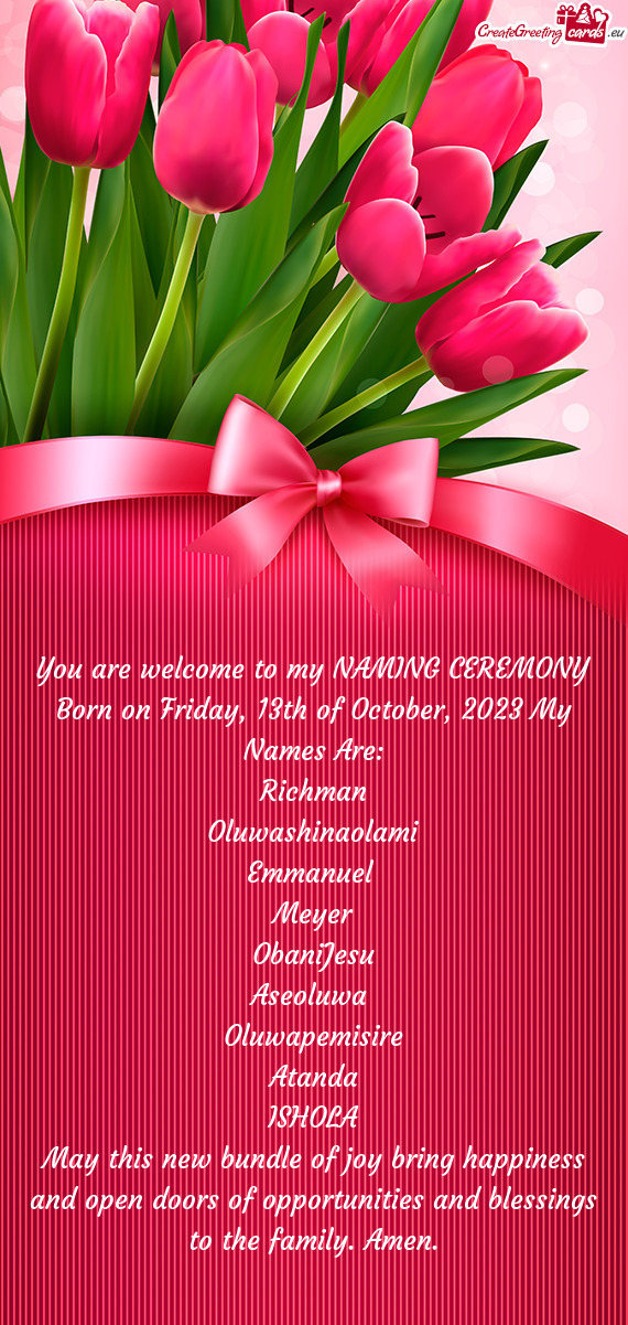 You are welcome to my NAMING CEREMONY Born on Friday, 13th of October, 2023 My Names Are