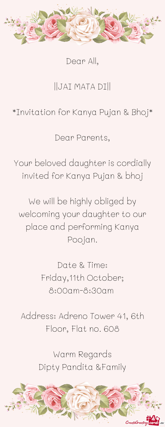 Your beloved daughter is cordially invited for Kanya Pujan & bhoj