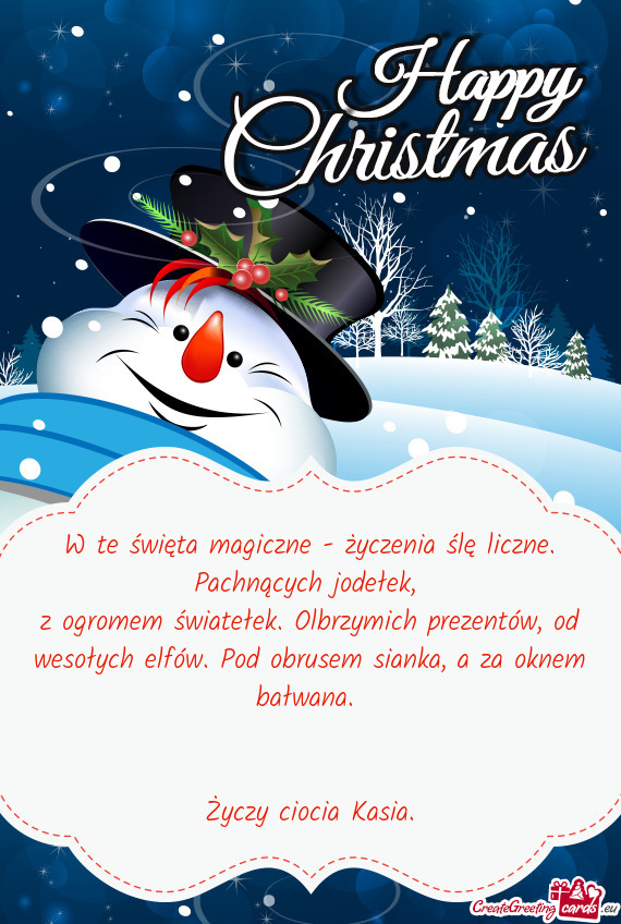 Z ogromem światełek. Olbrzymich prezentów, od wesołych elfów. Pod obrusem sianka, a za oknem ba