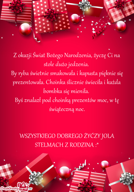 Z okazji Świat Bożego Narodzenia, życzę Ci na stole dużo jedzenia