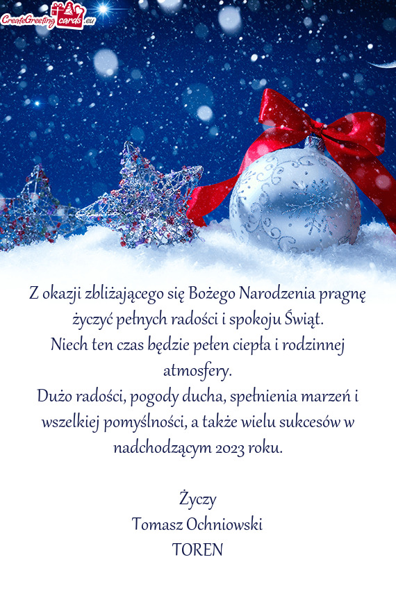 Z okazji zbliżającego się Bożego Narodzenia pragnę życzyć pełnych radości i spokoju Świąt